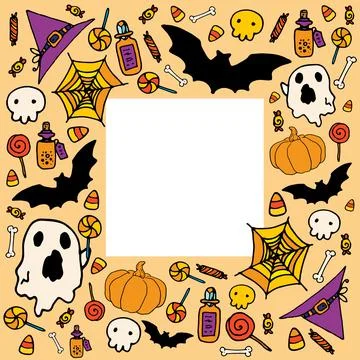 Vector template for Halloween. a square frame made of cartoon-style ghost, hat Stock Illustration