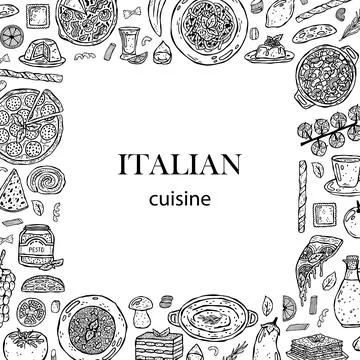 Vector template hand-drawn illustrations of Italian cuisine. Stock Illustration