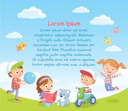 Vector template with happy kids playing on the green grass Stock Illustration