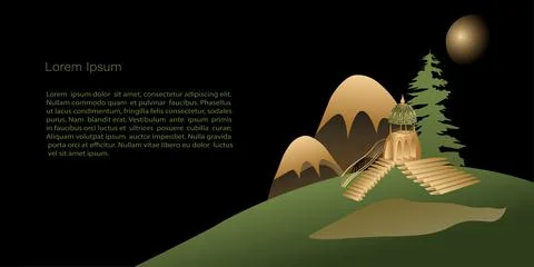 Vector  Template mystic and elf theme, banner with golden city, house on blac Stock Illustration