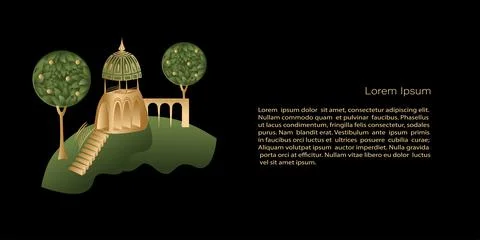 Vector  Template mystic and elf theme, banner with golden city, house on blac Stock Illustration