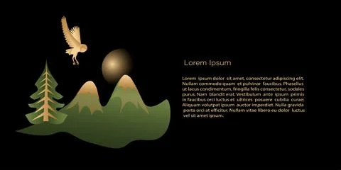 Vector Template mystic and elf theme, banner with mountains and an owl flies  Stock Illustration