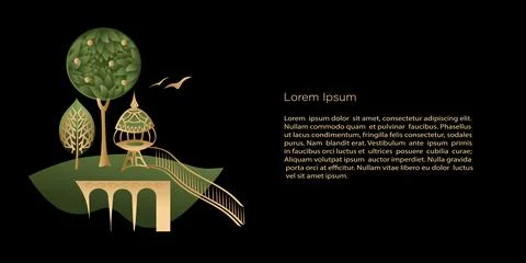 Vector  Template mystic and elf theme, banner with golden city, house on blac Stock Illustration