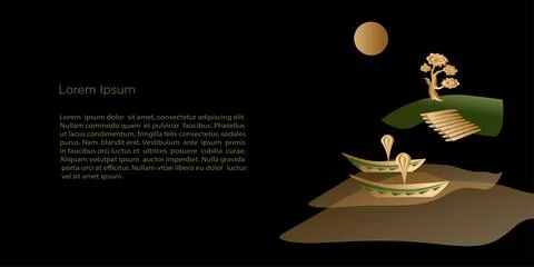 Vector  Template mystical landscape with elven boats on black background, cop Stock Illustration
