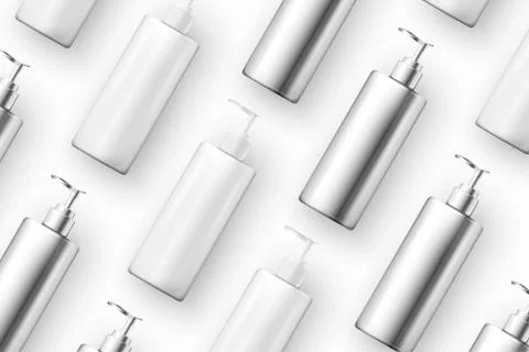 Vector template - realistic cosmetics plastic and metal shampoo bottles on table Stock Illustration
