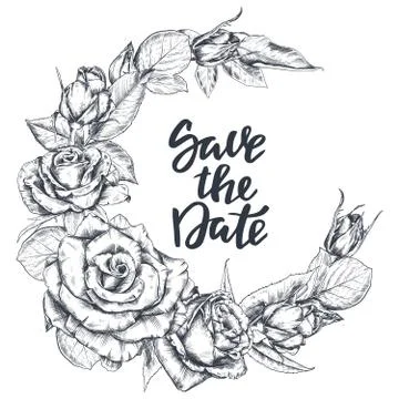 Vector template for Save the Day card with hand drawn rose flowers Stock Illustration