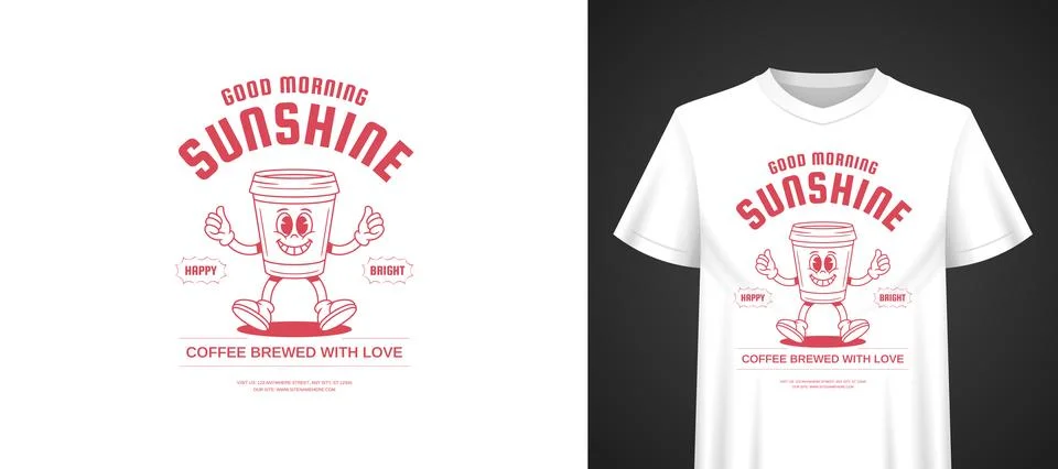 Vector Template For t-shirt Print Good Morning Coffee Cartoon Character Stock Illustration