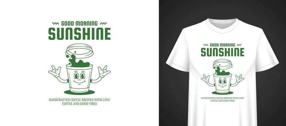 Vector Template For t-shirt Print Good Morning Coffee Cartoon Character Stock Illustration