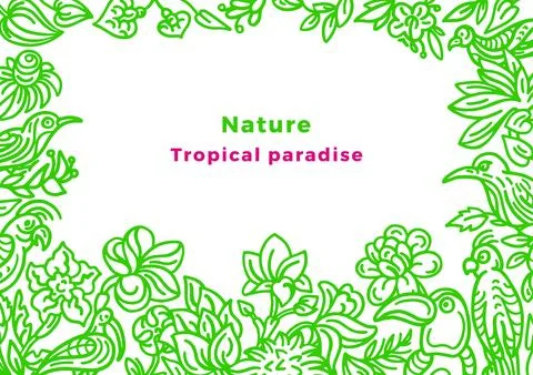 Vector template of wild tropical bird, nature leaf, flower in bloom. Art sket Stock Illustration