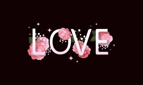 Vector template with word love surrounded by rose flowers in realistic style Stock Illustration