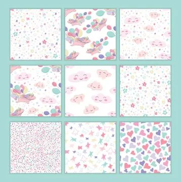 Vector templates with 9 seamless patterns with flying unicorn holds colorful  イラスト素材