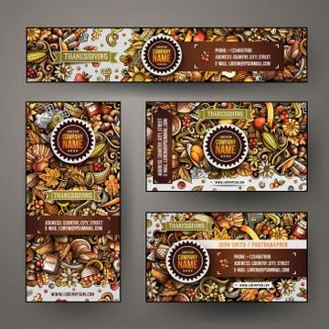 Vector templates set design with doodles hand drawn Happy Thanksgiving theme. Ilustração Stock