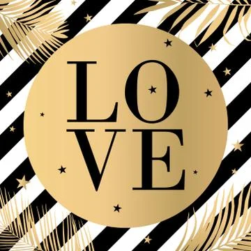 Vector text Love with gold palm leaves and black stripes Stock Illustration