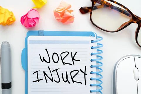 Vector of text 'work injury' on notebook near glasses and computer mouse in whit 스톡 사진