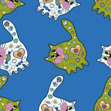 Vector texture. Cat image. Illustration. Doodles on a neutral, green and blue co Illustration