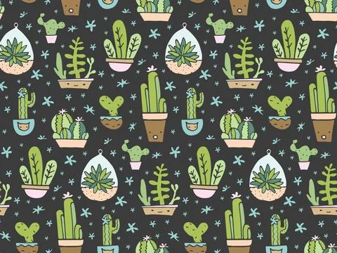 Vector texture with potted houseplants, cute plants seamless texture, kawaii Stock Illustration