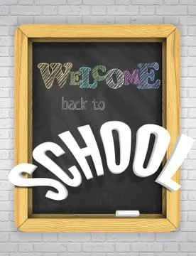 Vector textured blackboard on a brick wall Welcome back to school poster or Stock Illustration