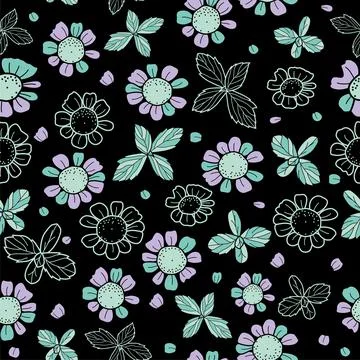 Vector textured painted flower seamless pattern background with hand drawn eleme Stock Illustration