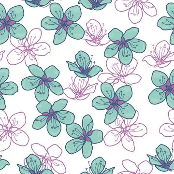 Vector textured painted flower seamless pattern background with hand drawn eleme Stock Illustration