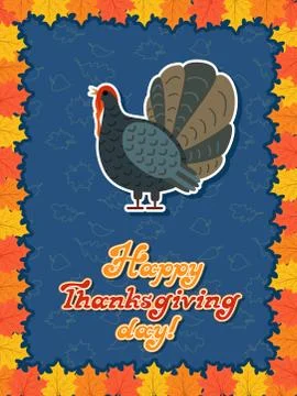 Vector thanksgiving card with maple leaf, turkey bird. Flat style. Hand lettered Stock Illustration