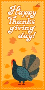 Vector thanksgiving card with maple leaf, turkey bird. Flat style. Hand lettered Stock Illustration
