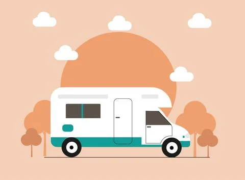 Vector theme of Caravan Road trip, Adventure, Trailering, Camping, outdoor re Stock Illustration