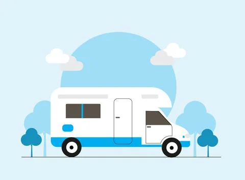 Vector theme of Caravan Road trip, Adventure, Trailering, Camping, outdoor re Stock Illustration