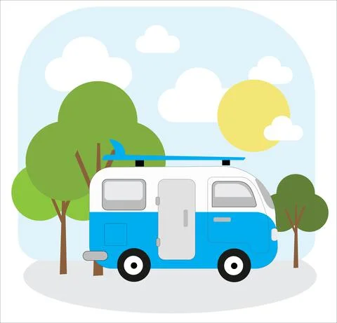 Vector theme of Caravan Road trip, Adventure, Trailering, Camping, outdoor re Stock Illustration