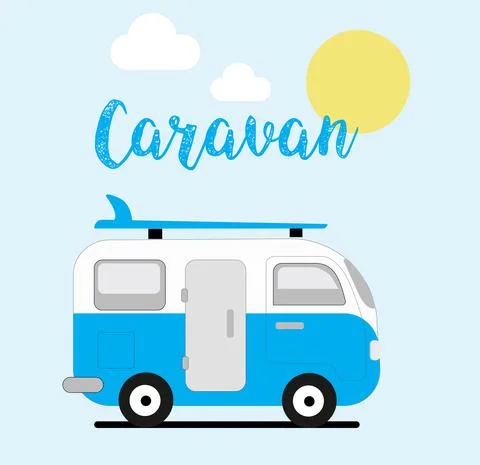 Vector theme of Caravan Road trip, Adventure, Trailering, Camping, outdoor re Stock Illustration