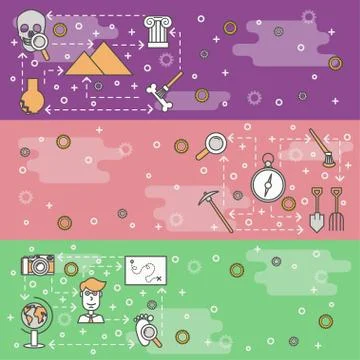 Vector thin line archaeology web banner template set Stock Illustration
