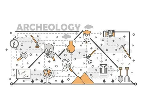 Vector thin line art archaeology poster banner template Stock Illustration