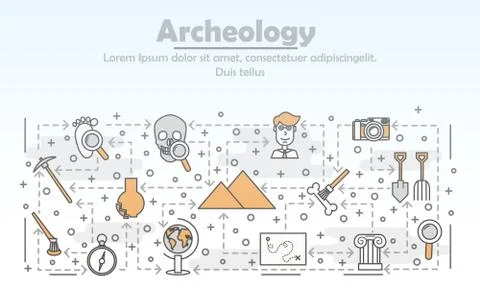 Vector thin line art archaeology poster banner template 스톡 일러스트