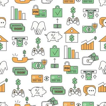 Vector thin line art banking products seamless pattern Stock Illustration
