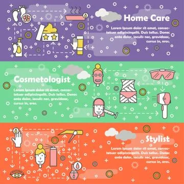 Vector thin line art beauty banner template set Stock Illustration