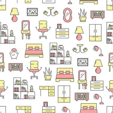 Vector thin line art bedroom seamless pattern Stock Illustration