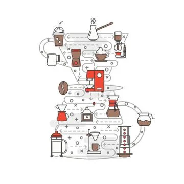 Vector thin line art brewing coffee poster banner template 스톡 일러스트