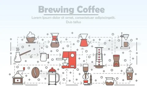 Vector thin line art brewing coffee poster banner template Illustrazione stock