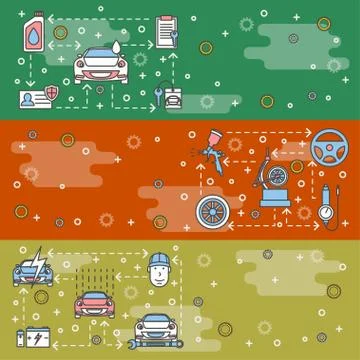 Vector thin line art car service web banner template set Illustrazione stock