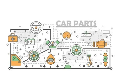 Vector thin line art car parts poster banner template Stock Illustration