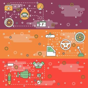 Vector thin line art car parts web banner template set Illustrazione stock