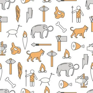 Vector thin line art cave people seamless pattern Stock Illustration