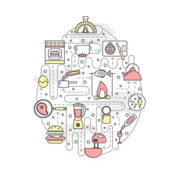 Vector thin line art cooking poster banner template Stock Illustration