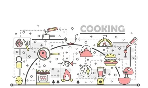 Vector thin line art cooking poster banner template Stock Illustration