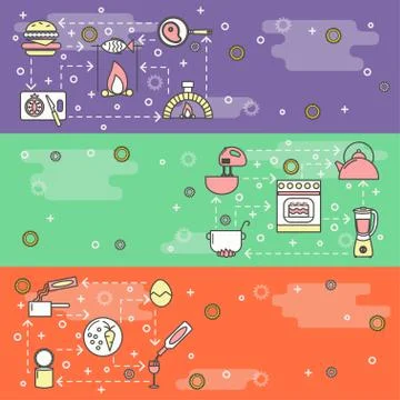 Vector thin line art cooking web banner template set Stock Illustration