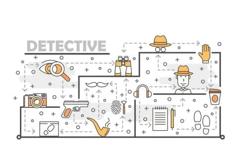 Vector thin line art detective poster banner template Illustrazione stock