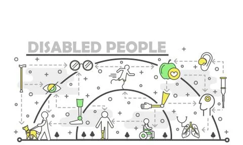Vector thin line art disabled people poster banner template Illustrazione stock