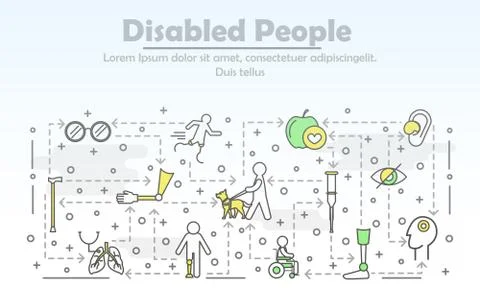 Vector thin line art disabled people poster banner template Illustrazione stock