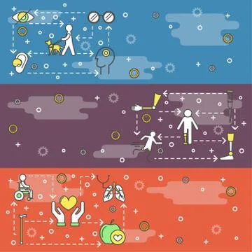 Vector thin line art disabled people web banner template set Stock Illustration