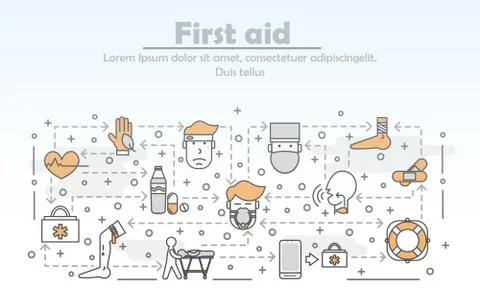 Vector thin line art first aid poster banner template Stock Illustration