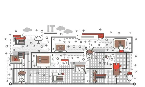 Vector thin line art IT poster banner template Stock Illustration